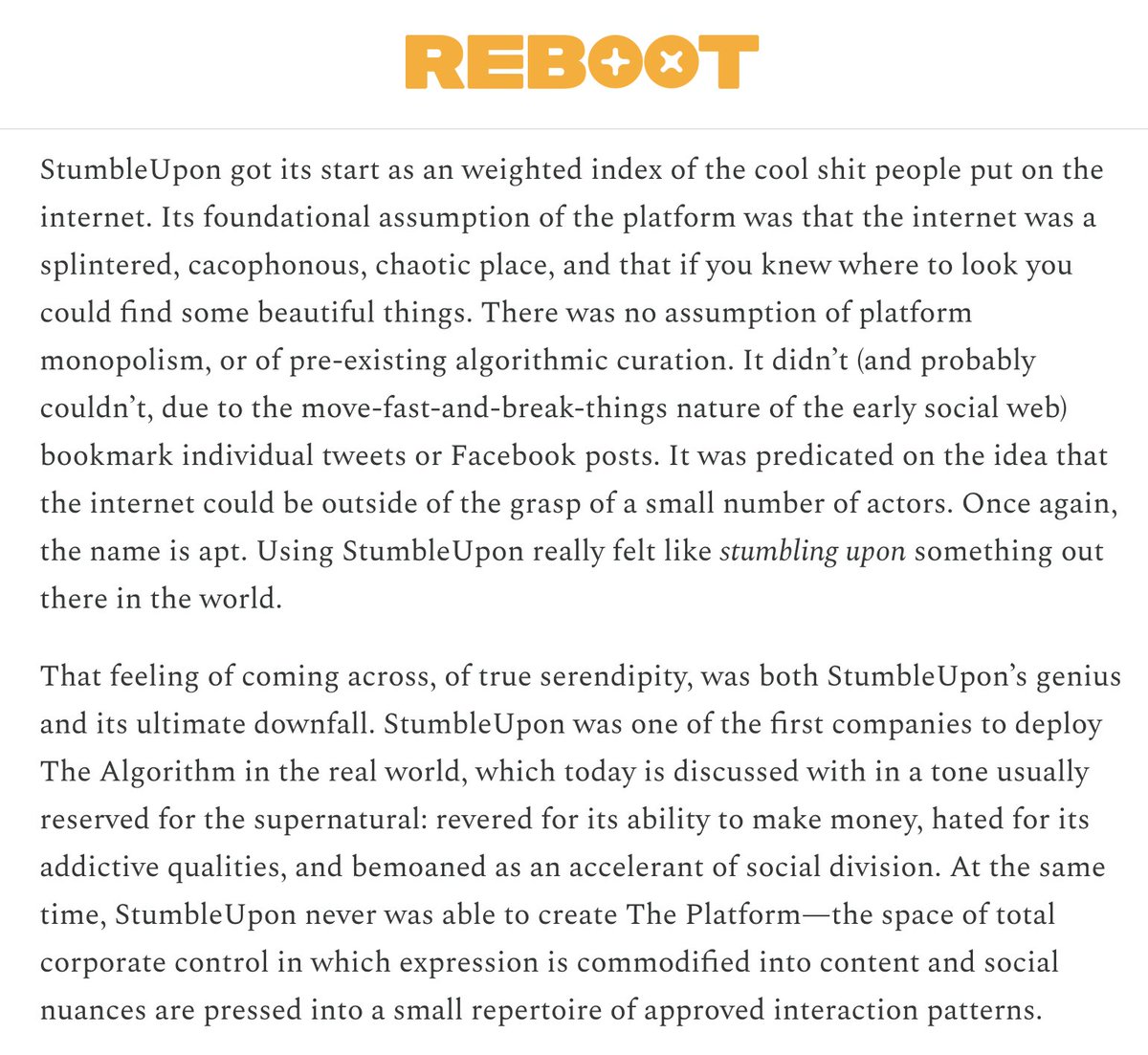 wrote a piece for @reboot_hq and @kernel_magazine about StumbleUpon, randomness, the historical roots of The Algorithm™️, and the rose-colored glasses through which we look at the technological past! joinreboot.org/p/the-serendip…