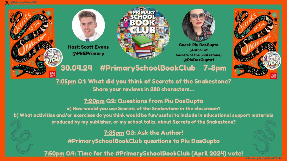 🌆Evening! 👀Check out the questions for TOMORROW evening's #PrimarySchoolBookClub📚 30.04.24 with @PiuDasGupta1, author of #SecretsOfTheSnakestone🐍💎 🔁RT! 🔖Join in using the #⃣ #PrimarySchoolBookClub for book club, chat and vote between 7-8pm! @NosyCrow