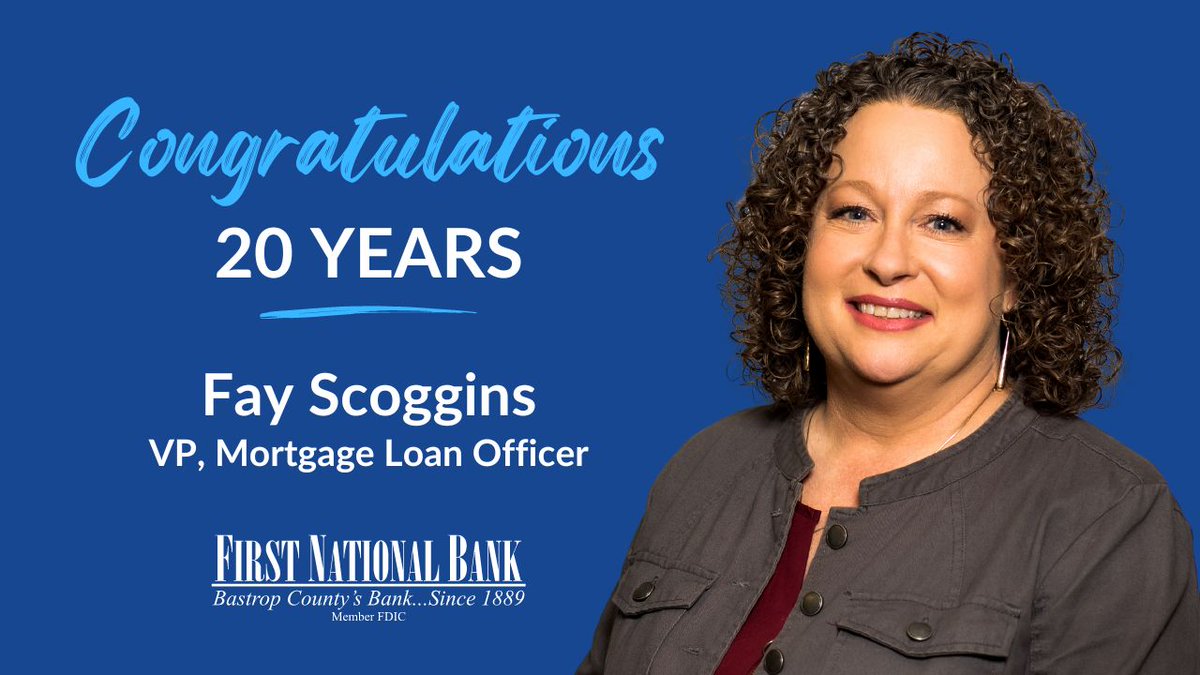 FNBBastrop's tweet photo. This month we're celebrating Fay Scoggins, VP Mortgage Loan Officer, on 20 years at FNB! Congratulations Fay for two decades of serving mortgage customers &amp; our local community. We are truly grateful for your commitment! https://t.co/sBnqM5Y0L6