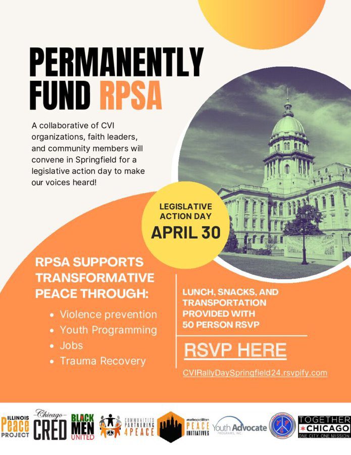 TOMORROW we're joining other Illinois CVI orgs for a CVI Rally Day in Springfield to help permanently fund the Reimagine Public Safey Act (RSPA), a comprehensive approach to violence prevention. More info here> illinoispeaceproject.org/event-join-us-…