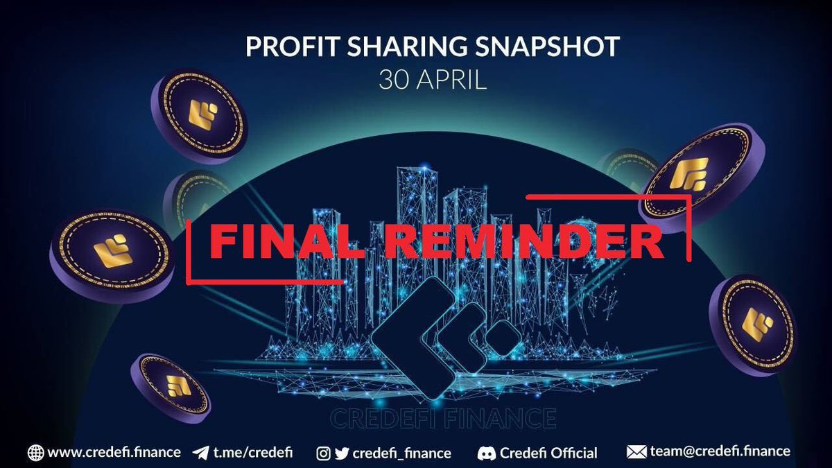 Hello Credefians,

This is the final reminder about tomorrow's xCREDI Snapshot for the first tranche of the profit sharing.

In order to be eligible for the snapshot, you will need to simply hold your xCREDI in your wallet.

Additional eligibility details:
xCREDI held on BSC;…