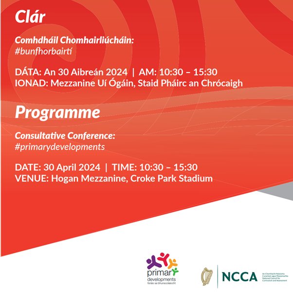 🤝 We look forward to welcoming delegates to our Consultative Conference in Croke Park tomorrow as part of the consultation on the redeveloped primary curriculum.

🗣️This is a great opportunity for stakeholders to share their views on the primary curriculum specifications.

💻For