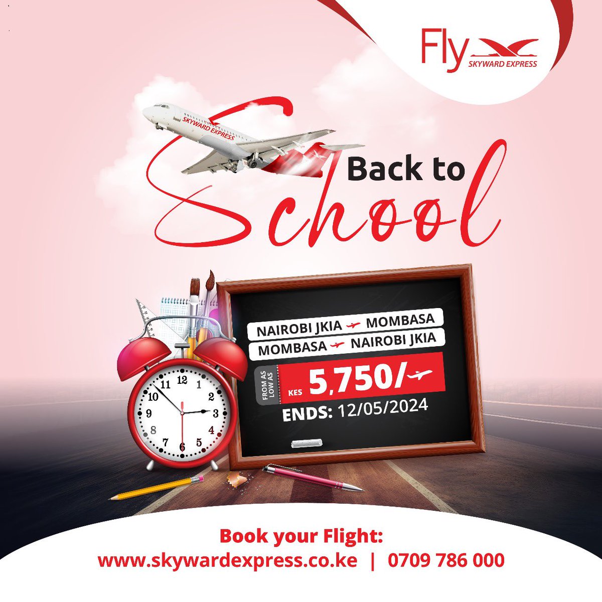 Unbeatable back-to-school offer! Fly from JKIA to Mombasa and back for just 5,750ksh! Book now at skywardexpress.co.ke or call 070978600 #backtoschool #jkia #mombasa