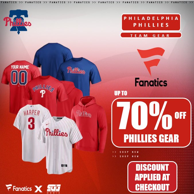 MLB SUPER SALE, @Fanatics, UP TO 70% OFF PHILADELPHIA PHILLIES GEAR! 🏆 PHILLIES FANS‼️ Take advantage of Fanatics EXCLUSIVE offer and get up to 70% OFF on PHILLIES gear using THIS PROMO LINK: fanatics.93n6tx.net/65PHILS 📈 DEAL ENDS AT MIDNIGHT! 🤝