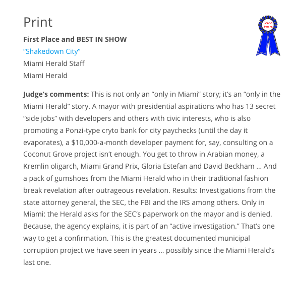 Thank you @HeadlinerAwards for recognizing @MiamiHerald's Shakedown City as First Place and Best in Show! headlinerawards.org/2024-grand-awa…
