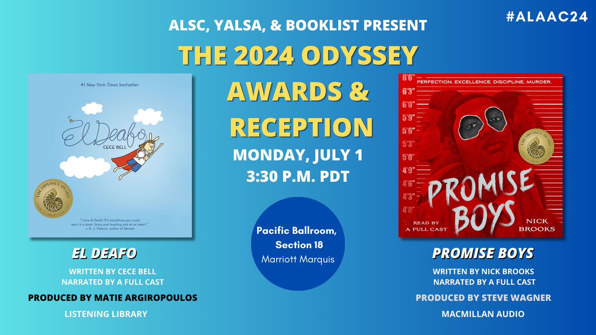 Celebrate the spoken word during the #2024OdysseyAwards at #ALAC24! Join us Monday, 7/1 at 3:30 p.m. PDT in the Pacific Ballroom at the Marriott Marquis to celebrate this year's winning and honor titles! 🏅📚🎙️Add to your scheduler now: cdmcd.co/arrpPM