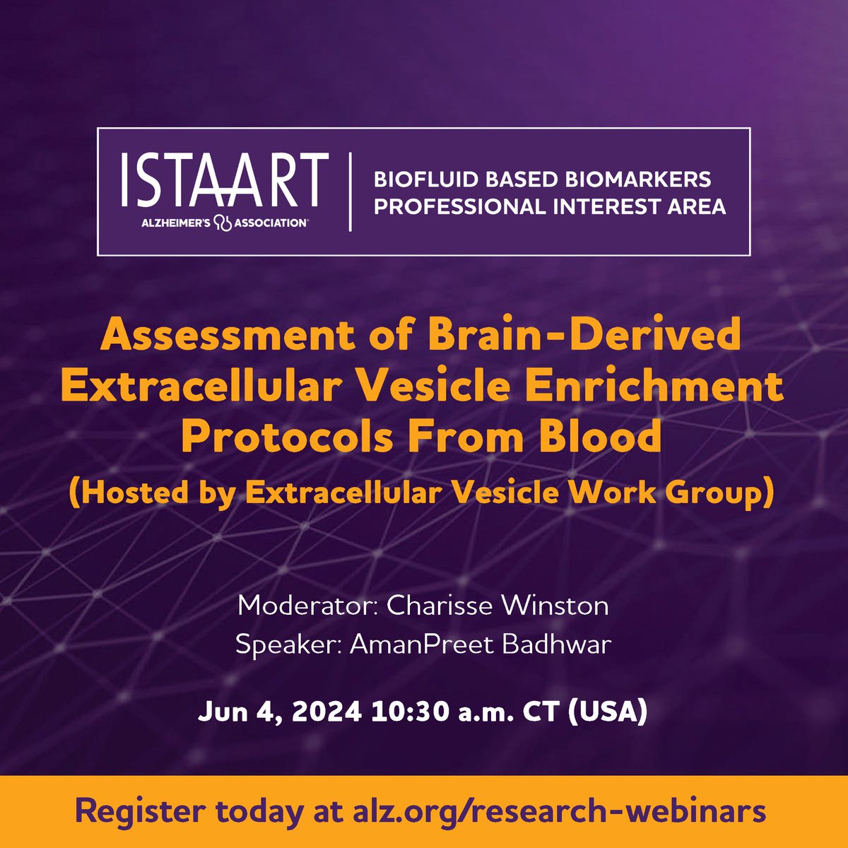 Honored to be invited to give this lecture on work conducted by us at ISTAART Alzheimer's Association's Biofluid Based Biomarkers - Extracellular Vesicle (EV) Work Group. @Badhwar_MindLab  is intensely researching brain-derived EVs in blood as potential AD biomarkers.