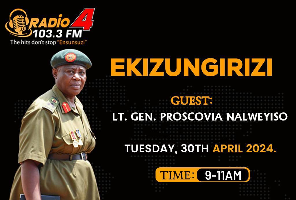 Lt Gen Proscovia Nalweyiso, President Yoweri Museveni’s Advisor on Defence Affairs, will be our guest tomorrow morning at 9:00 AM on 103.3 FM Radio 4 and 100.7 FM Radio 7 (Bunyoro). Please tune in.
