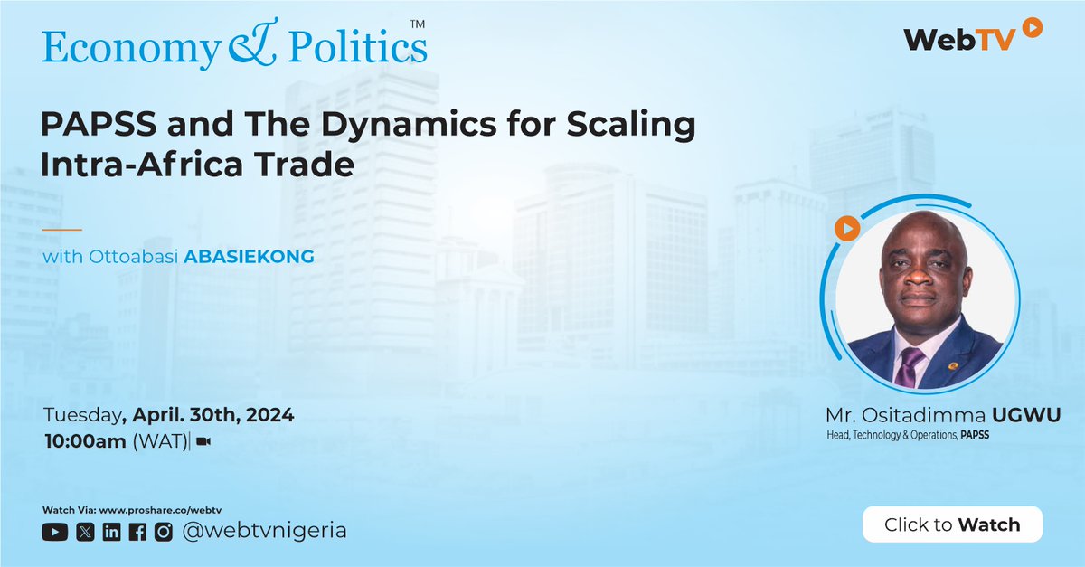 Join @ottoabasi1 on this week’s episode of Economy and Politics as he discusses 'PAPSS and The Dynamics for Scaling Intra-Africa Trade' with Mr. Ositadimma Ugwu - Head, Technology & Operations @papss_africa. Don't miss this insightful discussion! ⏲️: 10 a.m. Tuesday, April…