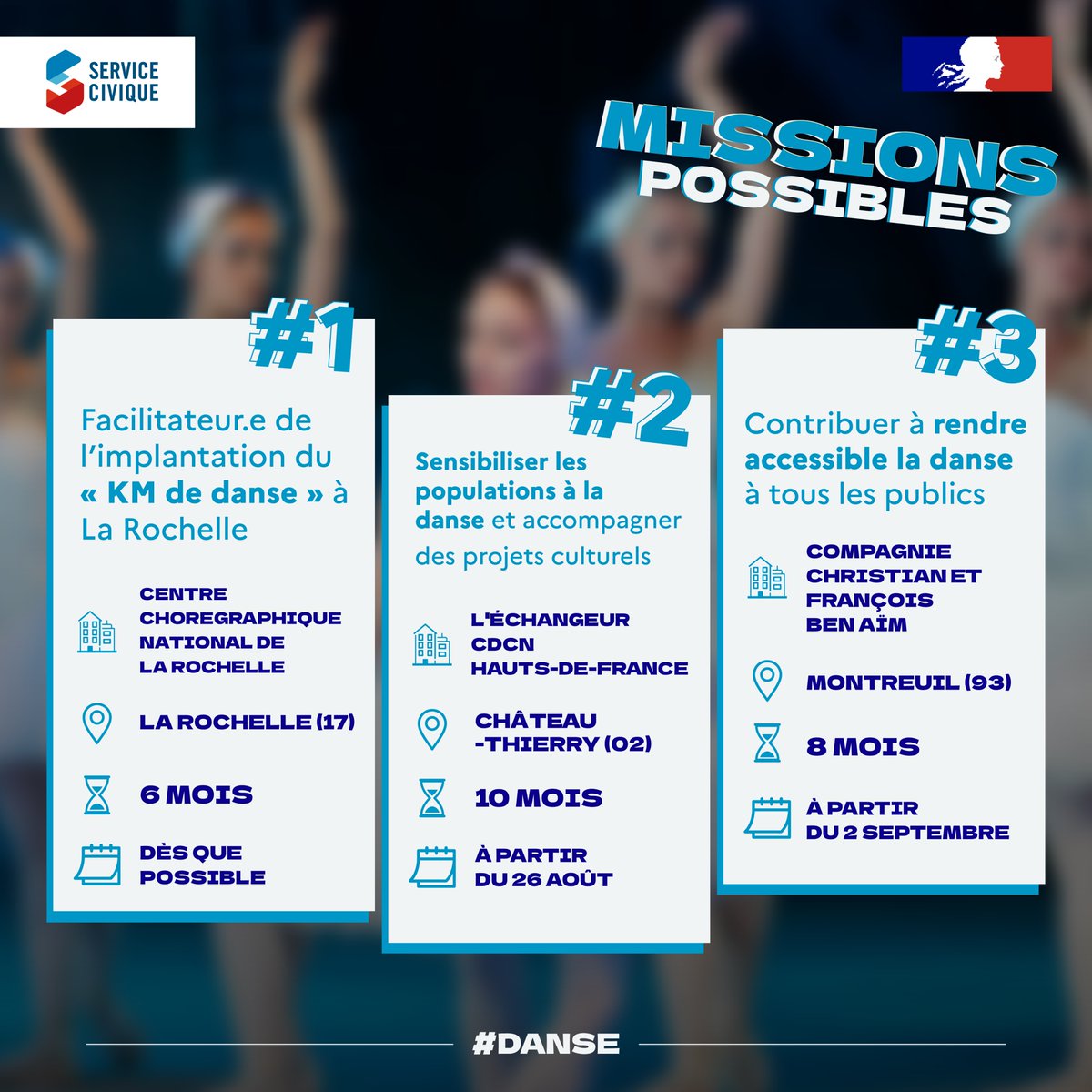 Aujourd'hui c’est la #JournéeMondialedeladanse 🕺💃
Découvrez les #missions de #ServiceCivique à pourvoir dans ce domaine !

Trouvez la mission qui vous correspond : bit.ly/3H5cb9B 🔗✨