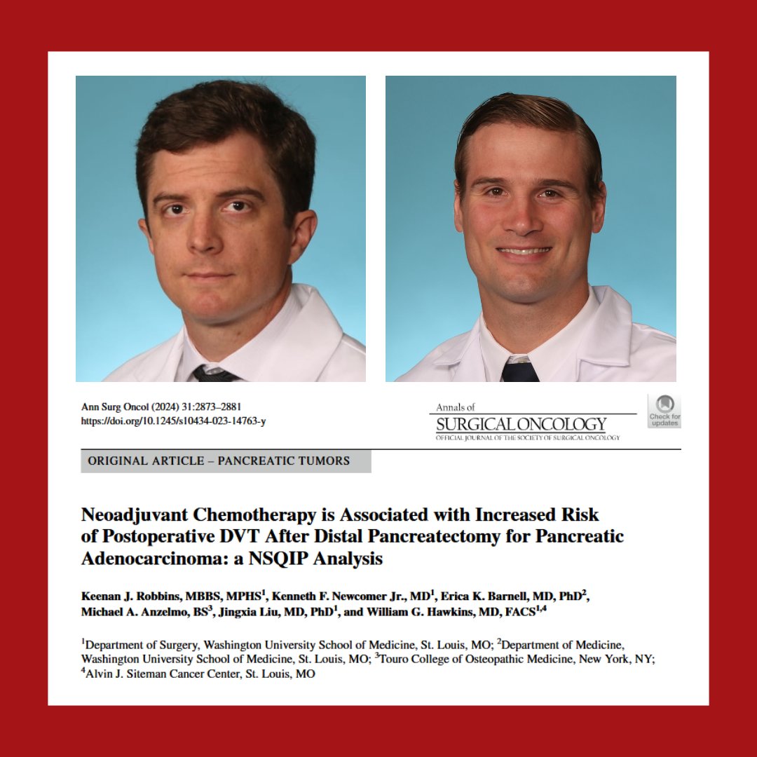 Kenneth Newcomer Jr., MD, joined @WashURadOnc & @SitemanCenter researchers to analyze the association with neoadjuvant therapy and postoperative venous thromboembolism in patients who underwent distal pancreatectomy for distal pancreatic adenocarcinoma. link.springer.com/article/10.124…