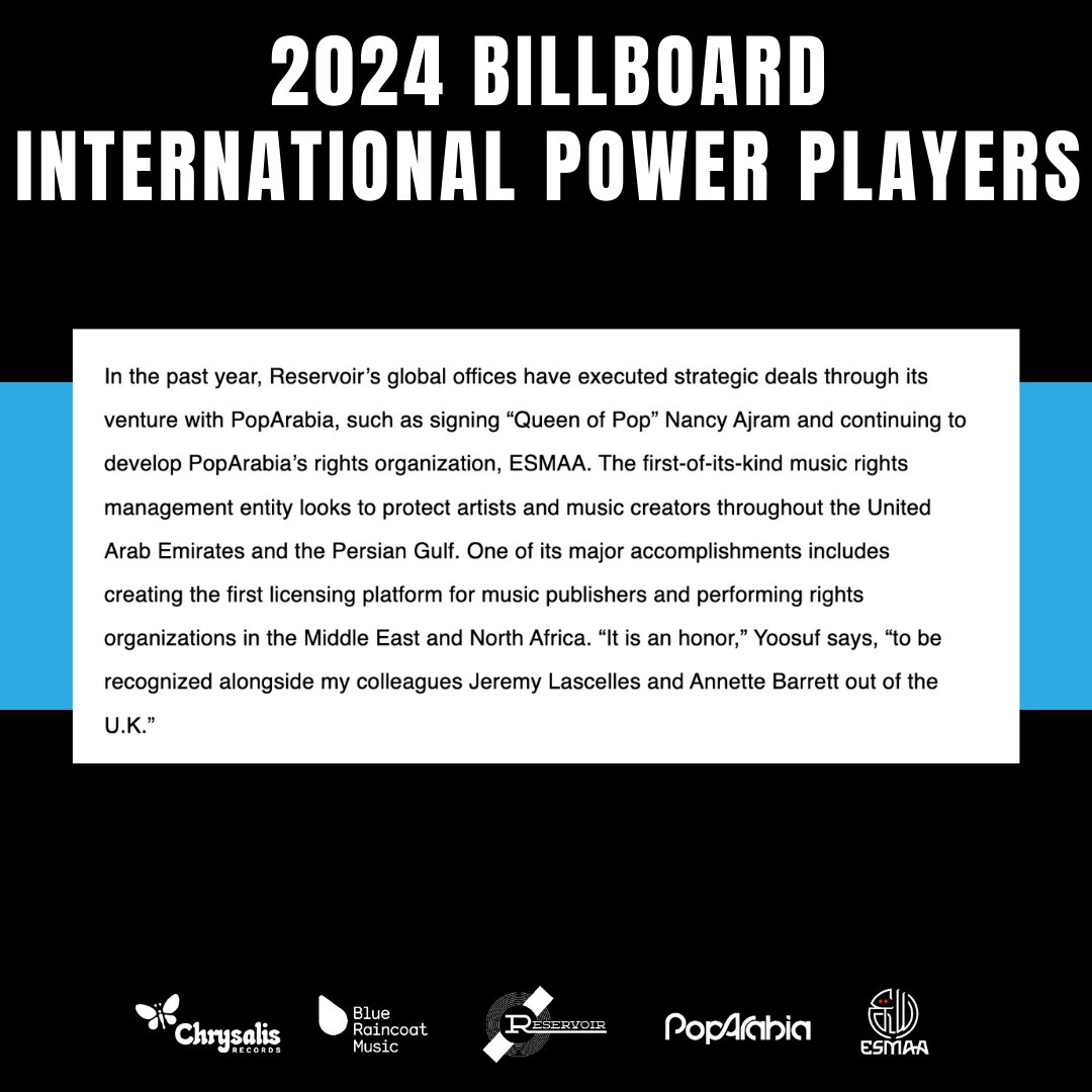 Reservoir, @ChrysalisRecs, @WeAreBRM, and @poparabia congratulate our 2024 @billboard International Power Players Spek, Jeremy Lascelles, and Annette Barrett! 🌎 Read more: bit.ly/4bdTeyL $RSVR