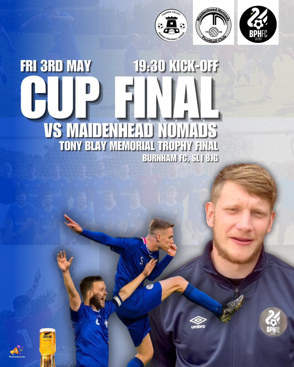 Cup final week is here! The BPH take on <a href="/MhNomadsFC/">Maidenhead Nomads FC</a> in the Tony Blay Memorial final on Friday at <a href="/BurnhamFC1878/">Burnham Football Club</a> stadium! Let’s get as many of you there to support the boys. Also massive shoutout to @MentionSocials for a quality matchday poster! 🔥 #UTBPH ⚽️💙