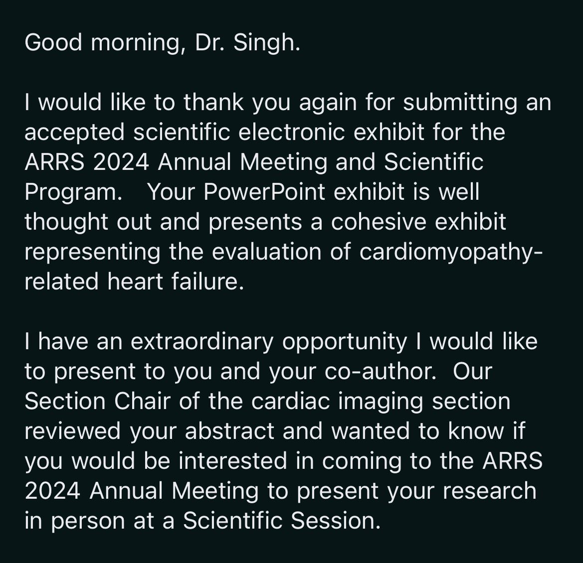 Excited to deliver my oral presentation on innovative use of Dual Energy Cardiac CT in evaluation of cardiomyopathies at prestigious @ARRS_Radiology ARRS 2024 in Boston, US 
See you on 6th May, 2024

All India Institute of Medical Sciences @aiims_newdelhi at @ARRS_Radiology