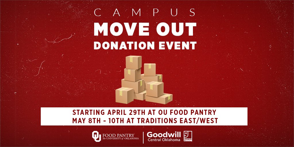 Moving Out? 🧹 Don’t just throw away, give away! Join us starting April 29 at the OU Food Pantry and Traditions East and West from May 8-10. Your support makes a significant impact in our community. See our bio for more details! #OUFoodPantry #Goodwill #OUCommunity