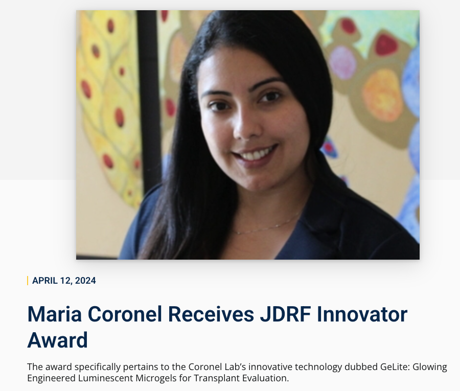 Congratulations to my @UMBME colleague, @maria_mcoronel, on this superb achievement! The Juvenile Diabetes Research Foundation Innovator Award focuses primarily on financing pioneering proposals with high risks and high rewards. #LeadersAndBest #GoBlue bme.umich.edu/2024/04/12/mar…