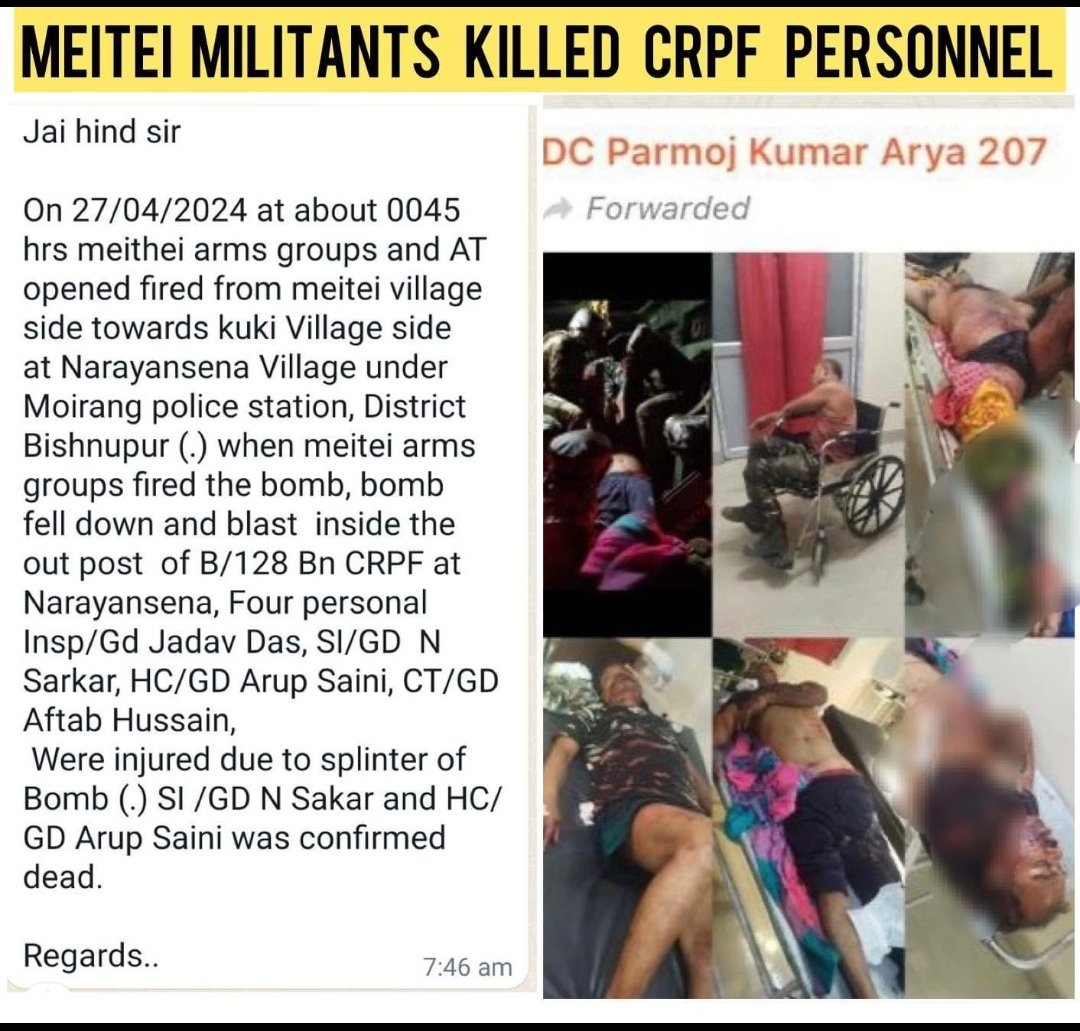 @delhimeitei #MeiteiAtrocities till today persist.All brave soldiers died because #MeiteiMillitants  attacked the Kuki villages and they even dare to spare our central forces.
#MeiteisAreLiars 
#MeiteiPropagandaExposed 
#ManipurViolence 
#ManipurSecessionist