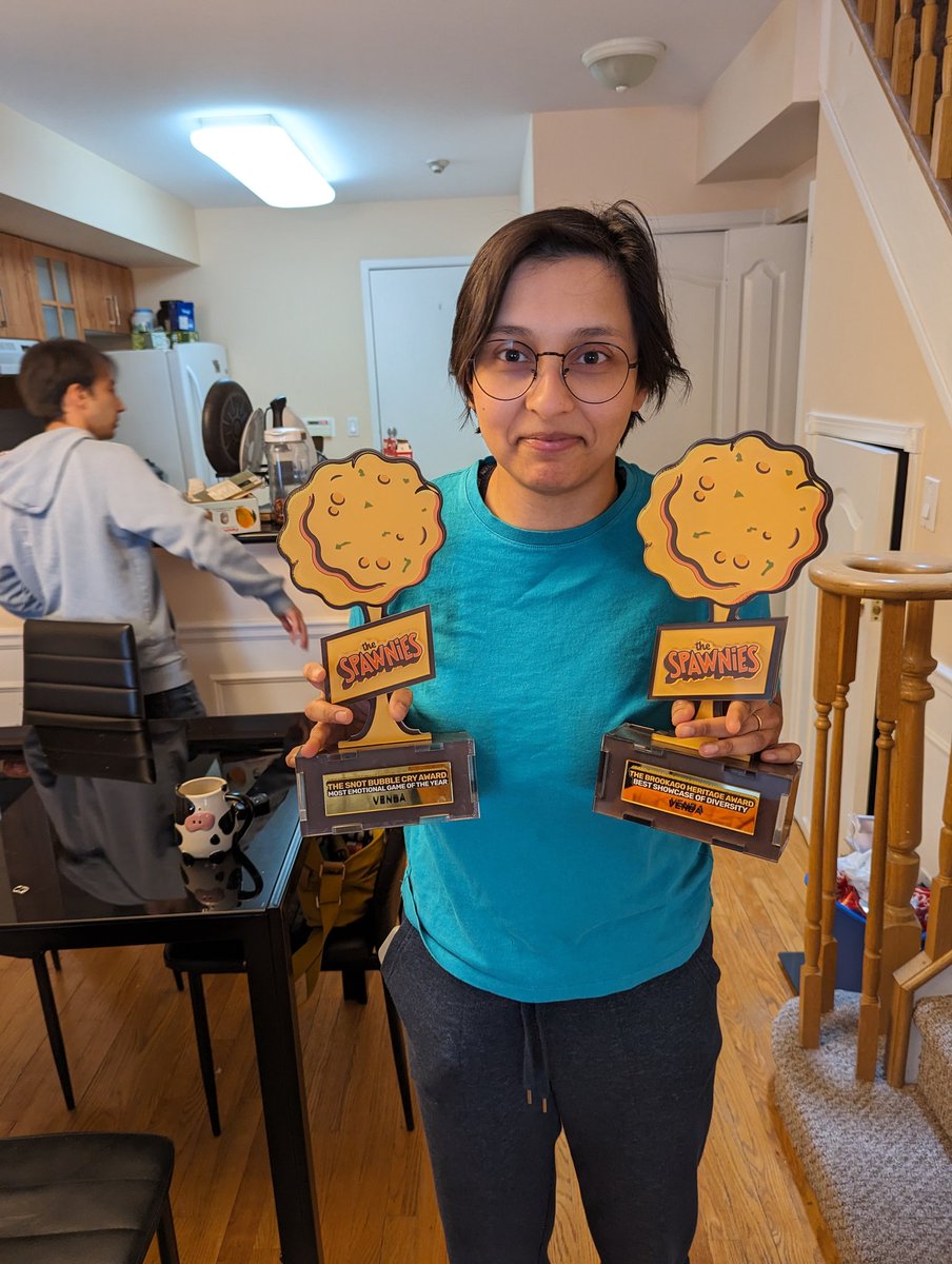 Ahhhhh super happy to receive these wonderful physical trophies from @SpawnOnMe! The spawnies were the very first awards we ever got for Venba and they're so special for us!