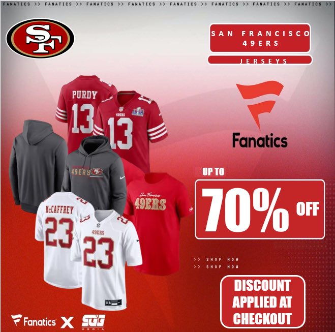 SAN FRANCISCO 49ERS SUPER SALE, @Fanatics🏆 NINERS FANS‼️ Get up to 70% OFF on 49ers gear today at Fanatics using THIS PROMO LINK: fanatics.93n6tx.net/49ERSDEAL 📈 HURRY! SUPPLIES ARE GOING FAST🤝 #FTTB