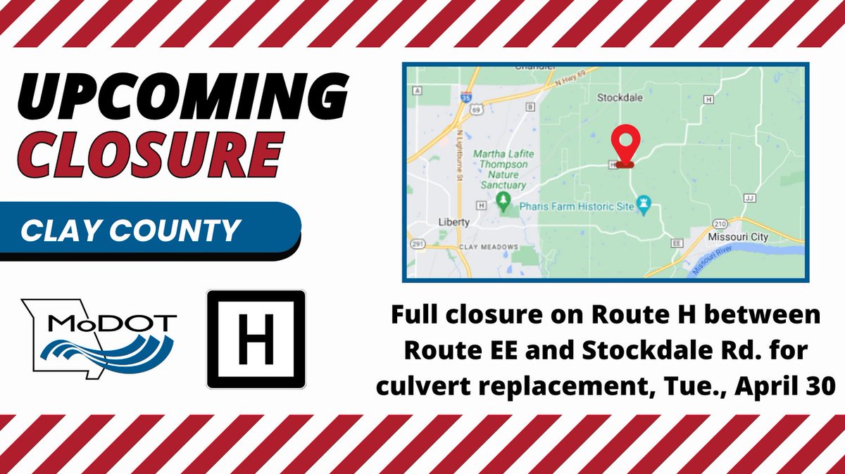 CLAY COUNTY - Full closure on Route H between Route EE and Stockdale Rd., on Tue., April 30, for culvert replacement work. Link: modot.org/node/46026 #kctraffic