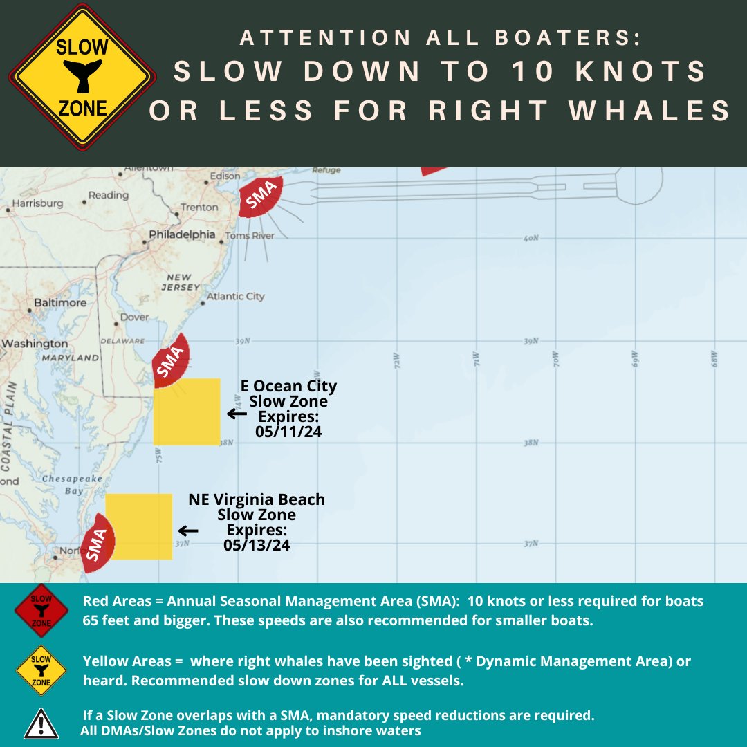 New #RightWhale #SlowZone NE Virginia Beach, VA in effect through 5/13. Mariners are requested to avoid or transit at 10 kts or less. See map for locations of all Slow Zones. Sign up for alerts here: bit.ly/49AVAXG