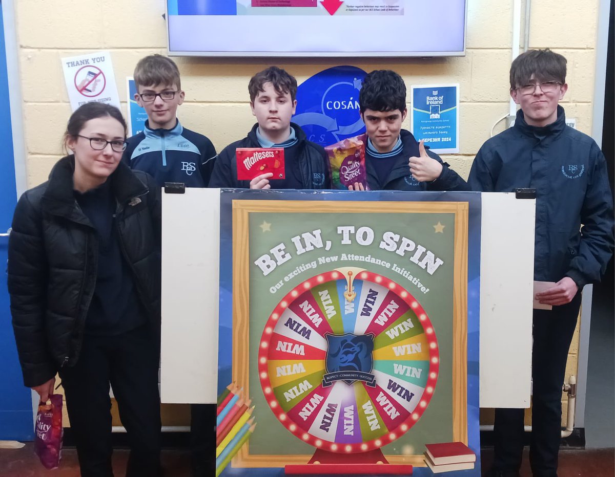 Congratulations to Abbie, Thomas, Harry, Ben & Ben last weeks winners of our Attendance Initiative aptly named 'Be in, to Spin' 👍 The next round of 'Be in, to Spin' started today, so maybe you could be one of the lucky students picked to spin the wheel next week!! Good luck! 😊