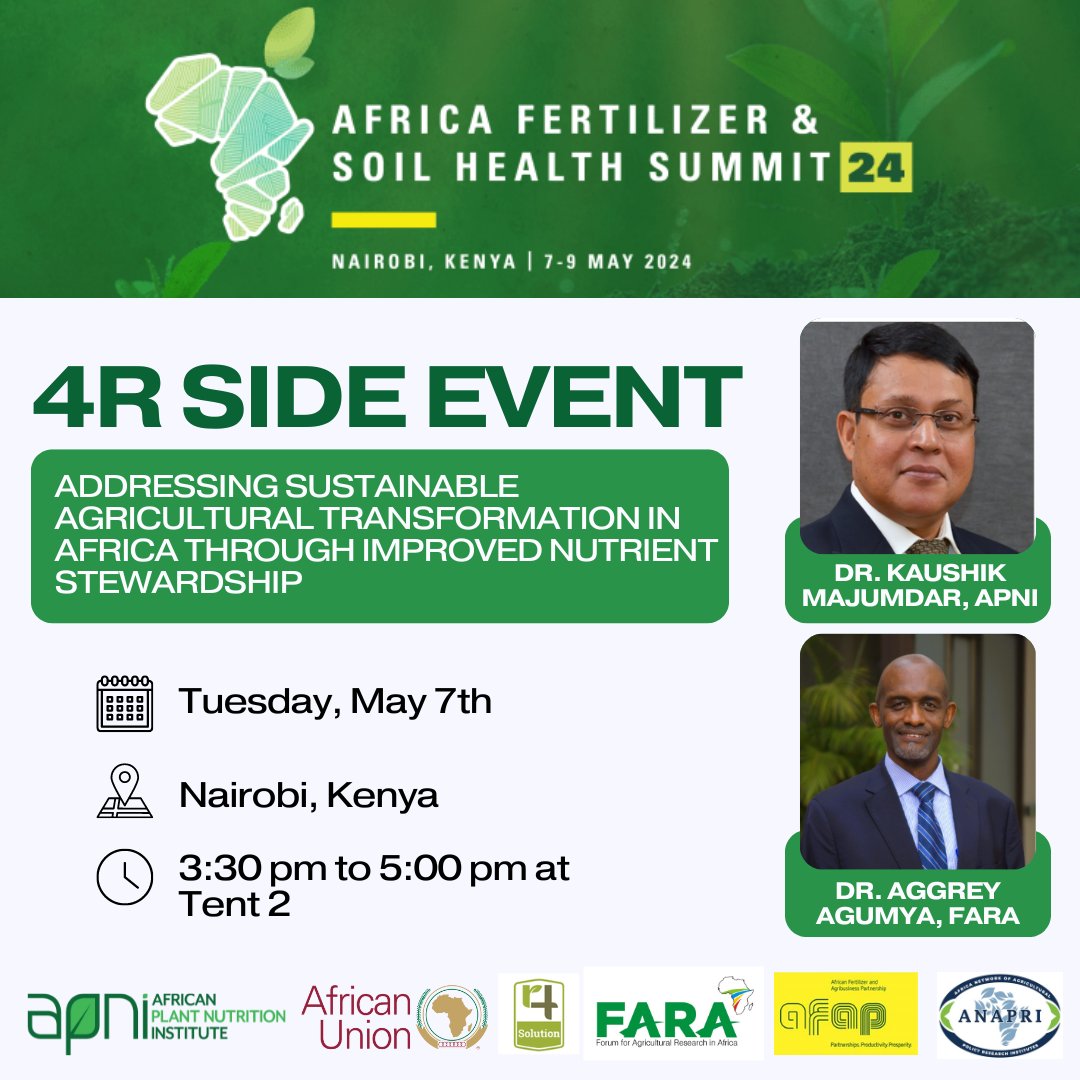PlantAfrican's tweet photo. 🗣Join us at our #AFSH side event addressing Sustainable Agricultural Transformation in Africa through Improved Nutrient Stewardship. 

📅: Tuesday 7 May 2024
⏰: 15:30-17:00 (EAT)
📍: KICC Nairobi, Lawns Venue (Tent 2) https://t.co/DgED2zm3YN