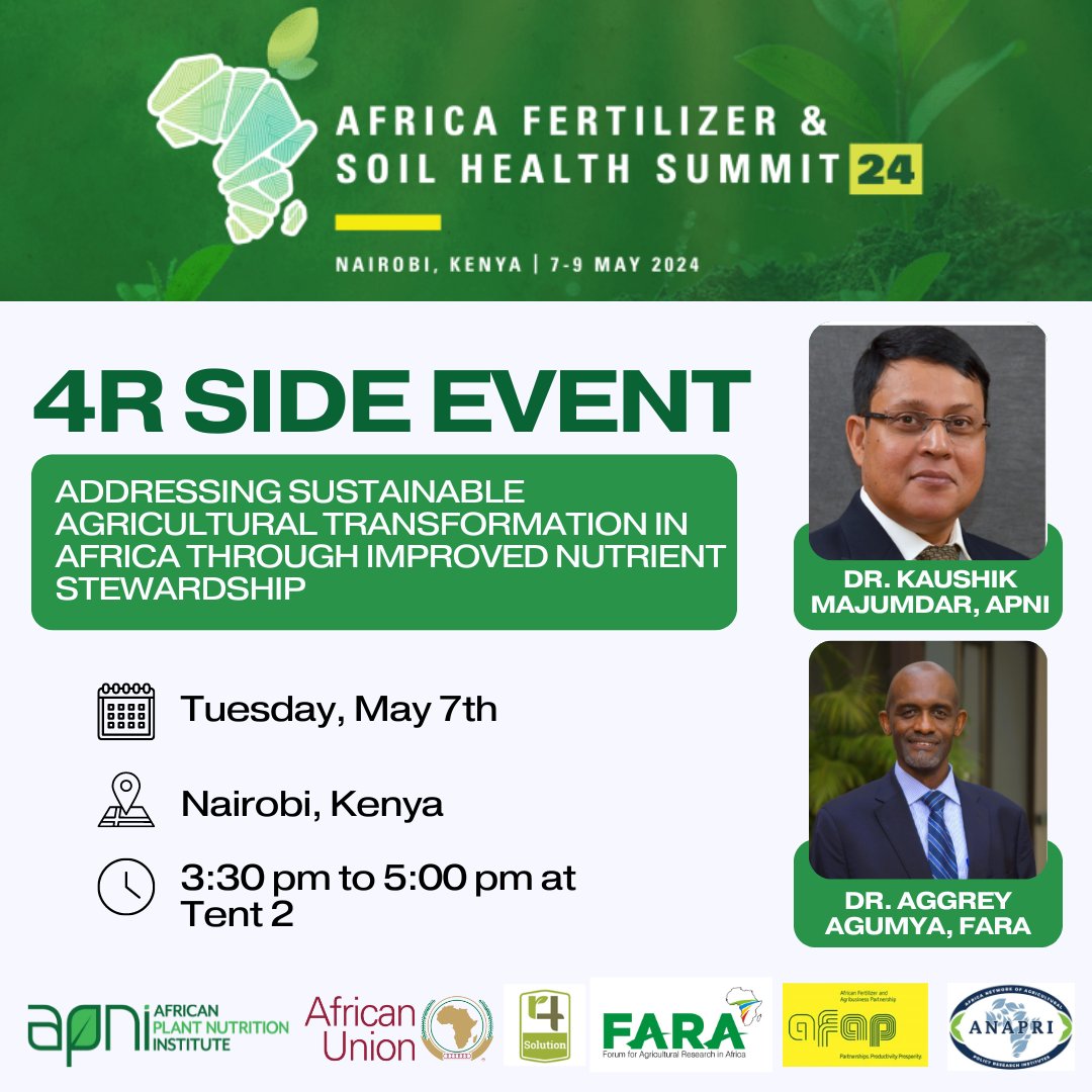 🗣Join us at our #AFSH side event addressing Sustainable Agricultural Transformation in Africa through Improved Nutrient Stewardship. 📅: Tuesday 7 May 2024 ⏰: 15:30-17:00 (EAT) 📍: KICC Nairobi, Lawns Venue (Tent 2)