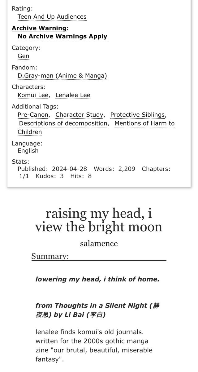 my piece for <a href="/2000sGothicZine/">Our Brutal, Beautiful, Miserable Fantasy Zine</a> is up! d.gray-man and the lee siblings changed my brain chemistry permanently at age 14 and this is a bit of a tribute to that archiveofourown.org/works/55535107