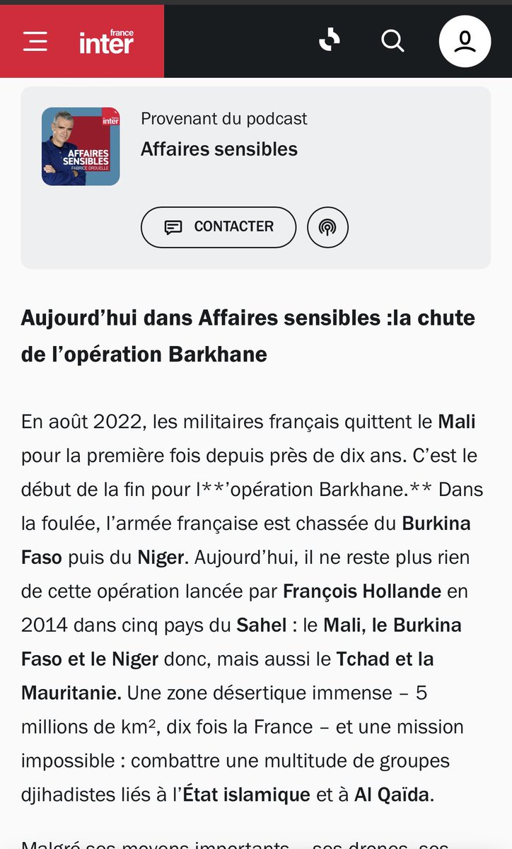 Voici le lien vers le replay de l’émission “Affaires sensibles” sur @franceinter à laquelle @FabriceDrouelle m’a invitée à prendre part pour évoquer le bilan de l’Operation #Barkhane : radiofrance.fr/franceinter/po…