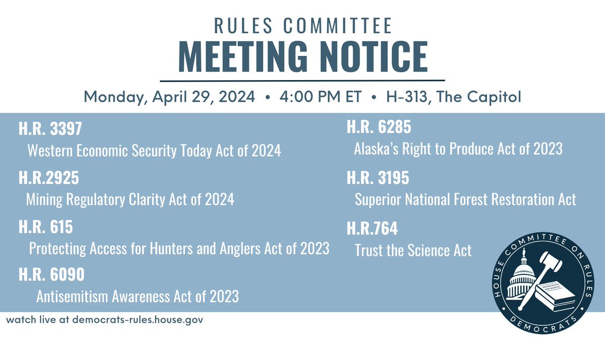 Today at 4:00 pm, the Rules Committee will meet to consider six dangerous Republican natural resource bills in addition to H.R. 6090, the Antisemitism Awareness Act of 2023. 📺 Watch the hearing live: youtube.com/watch?v=UGwqTg…