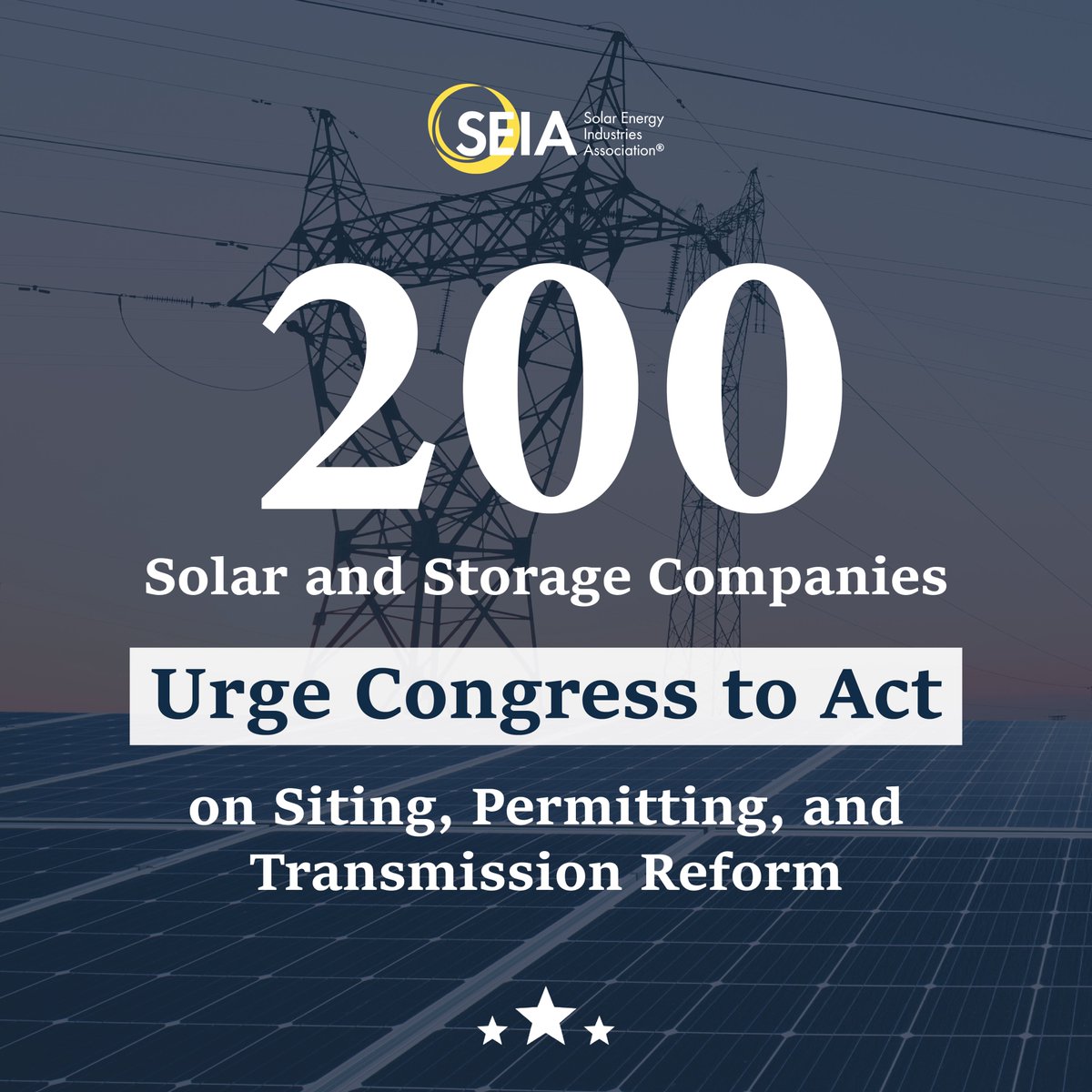 Siting, permitting, and transmission reform will play a major role in accelerating #solar and #storage deployment across America. SEIA and 200 clean energy companies are urging Congress to act on these urgent issues. seia.org/news/200-clean…