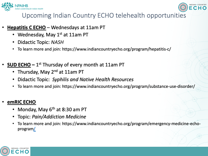 #IndianCountryECHO opportunities for 5/1-5/6. Clinicians are connected to a learning community of peers and experts. For more information, go to: indiancountryecho.org. #NativeAmerican #AlaskaNative #NativeHealth #indigenoushealth