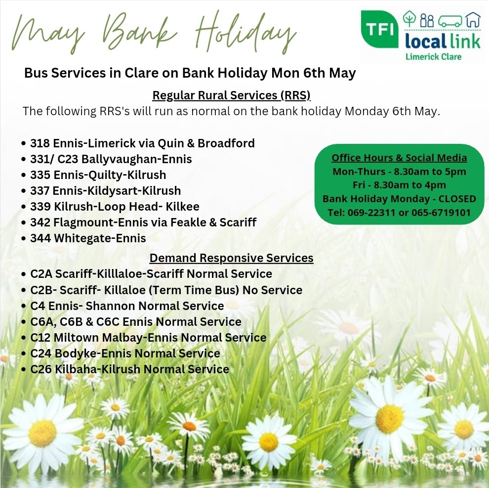 Bus Services in Clare Bank Holiday Monday 6th May 2024