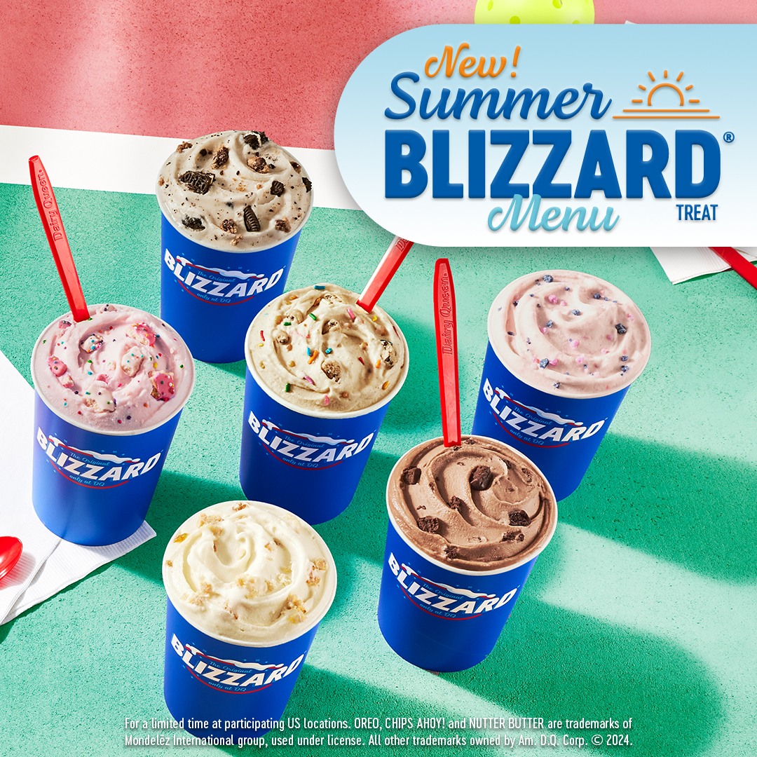 What Summer BLIZZARD Treat are you going doubles with on the pickleball court?👇
.
.
.
NEW! Peanut Butter Cookie Dough Party
NEW! Picnic Peach Cobbler 
NEW! Ultimate Cookie with OREO®, CHIPS AHOY!® & NUTTER BUTTER®
Frosted Animal Cookie
Brownie Batter
And Cotton Candy.