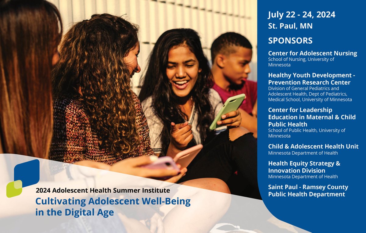 We are excited to share that this year's 2024 Summer Institute in #AdolescentHealth will explore how professionals, parents, & caring adults can engage with & promote the healthy use of technology. Learn more & register today at z.umn.edu/ahsi