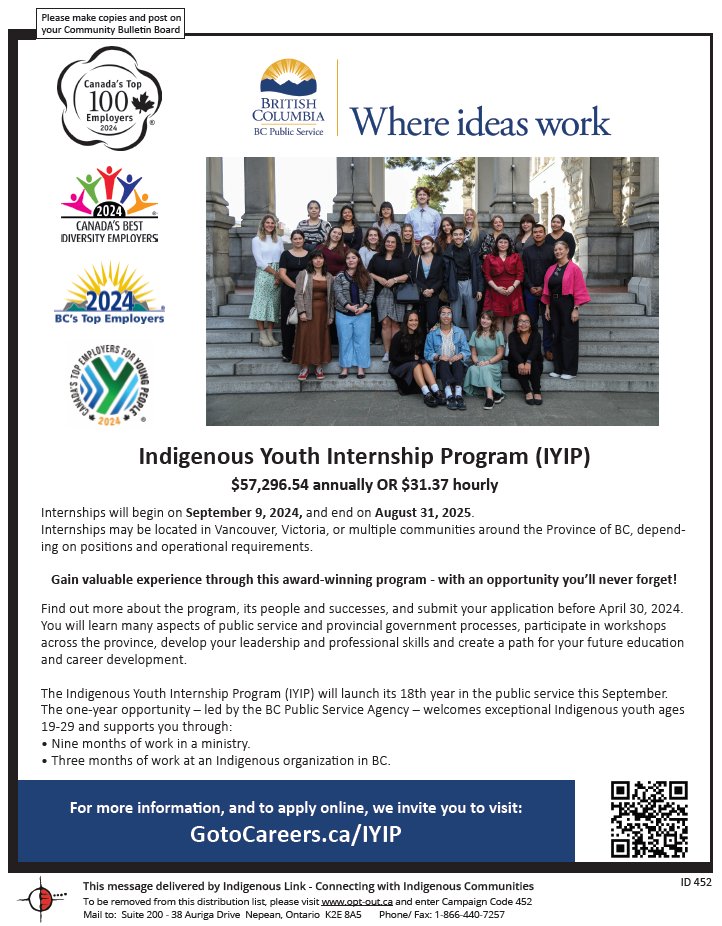 The Indigenous Youth Internship Program (IYIP) will launch its 18th year in the public service this September. Gain valuable experience through this award-winning program! Click here for more information: GotoCareers.ca/IYIP