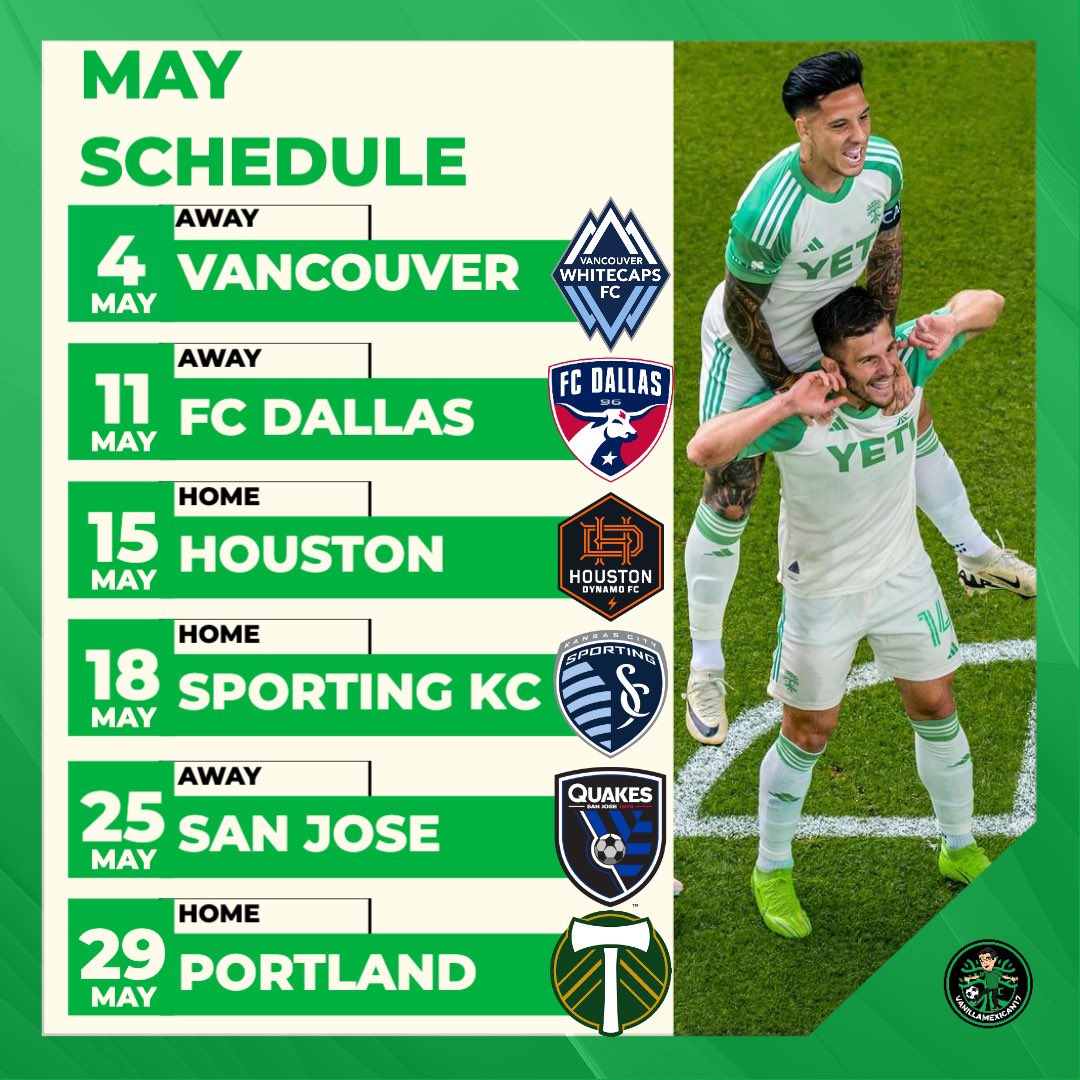 Austin FC will have a busy month of May will 6 games to play, 2 of which will be Wednesday games 😅

How many points will the team earn for the upcoming month and will they perform the same as April? 🤔

#austinfc
