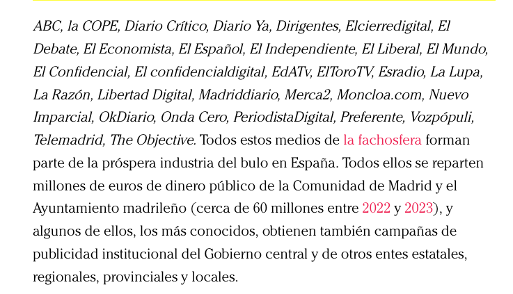 Con ustedes, las cabeceras que defienden Ayuso y Feijóo como ejemplo de prensa libre, independiente e incómoda con el poder. Solo en Madrid, han recibido cerca de 60 millones de euros de nuestros impuestos entre 2022 y 2023. CTXT: 1.350 euros. ctxt.es/es/20240401/Fi…