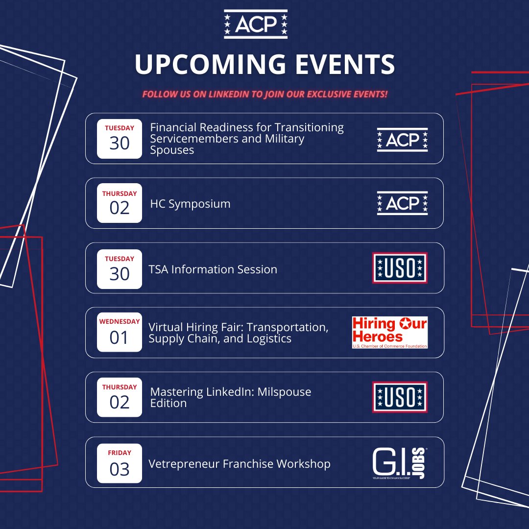 So many great events coming up this week for the #militarycommunity! Check out our LinkedIn post for the links to register so you don't miss out! Register here: loom.ly/lpGstRM #opportunity #veterans #events
