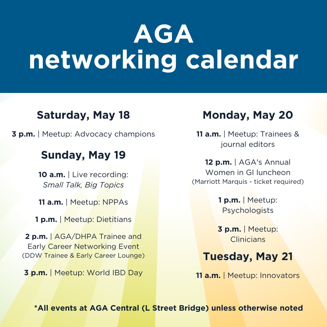 Ready, set, network! 🫱🏽‍🫲🏿 Join us for meetups at 📍 AGA Central (L Street Bridge) at #DDW2024 and reconnect with your #AGAGastroSquad or make new connections during @DDWMeeting! All networking events 👉🏽 ow.ly/K4vA50Rr28K RSVP 👉🏽 ow.ly/FYMU50Rr28I