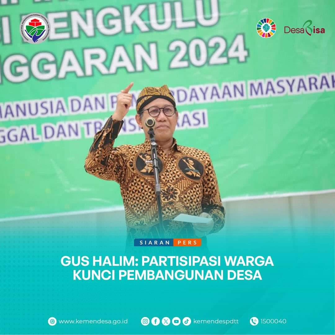 “Kunci dari keberhasilan pembangunan di desa, mulai dari sisi perencanaan, dari sisi pelaksanaan, maupun dari sisi pengawasan ini kuncinya kalau kita melibatkan partisipasi masyarakat.”
#KemendesPDTT 
#PercayaDesa #DesaBisa 
#DesaKuHarapanKu 
#MulaiDariDesa