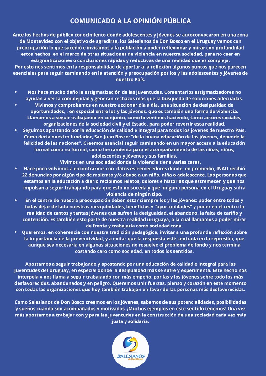 Comunicado a la Opinión Pública ante los hechos de violencia ocurridos en el día de ayer.