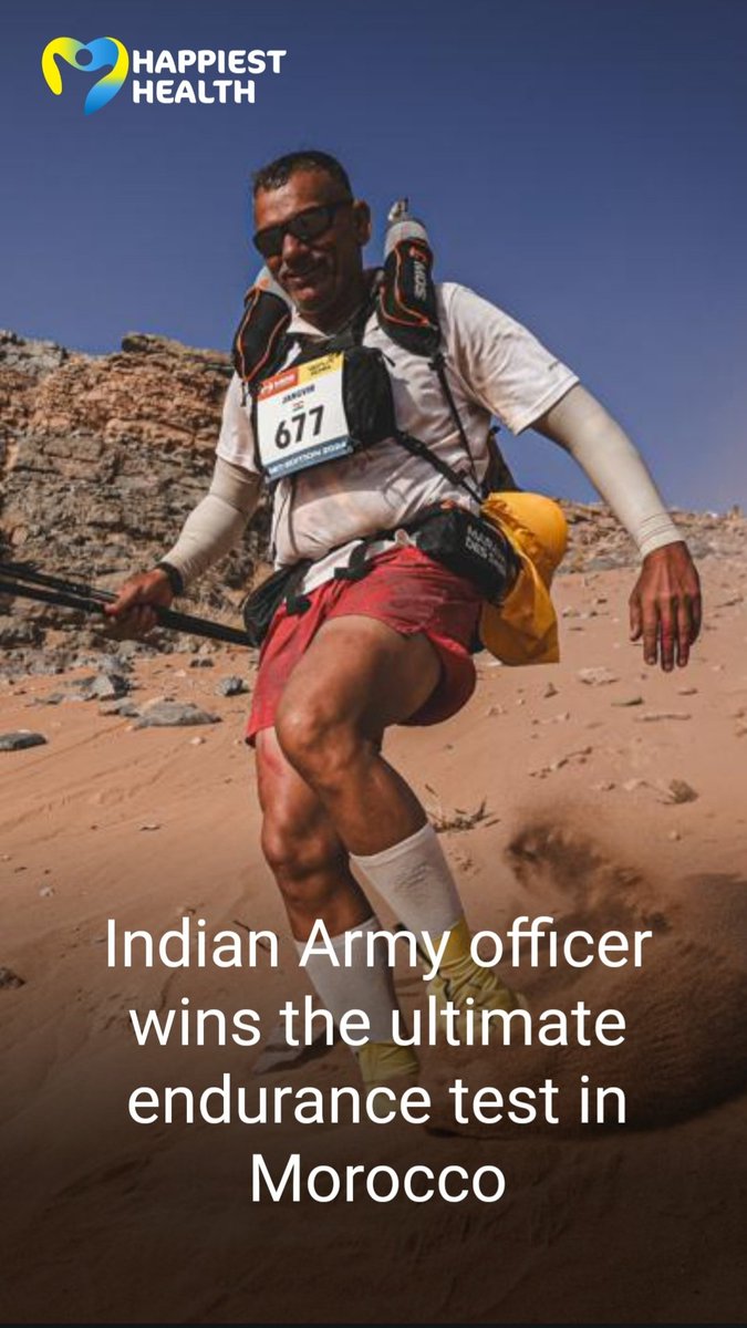 Indian Army @ADGPI serving officer Colonel Jangvir Lamba fondly known as 'Ironman' completes the toughest #DesSables marathon at Morocco. Click this link for more by @HHDigital1 cc @Prodef_blr happiesthealth.com/web-stories/ar…