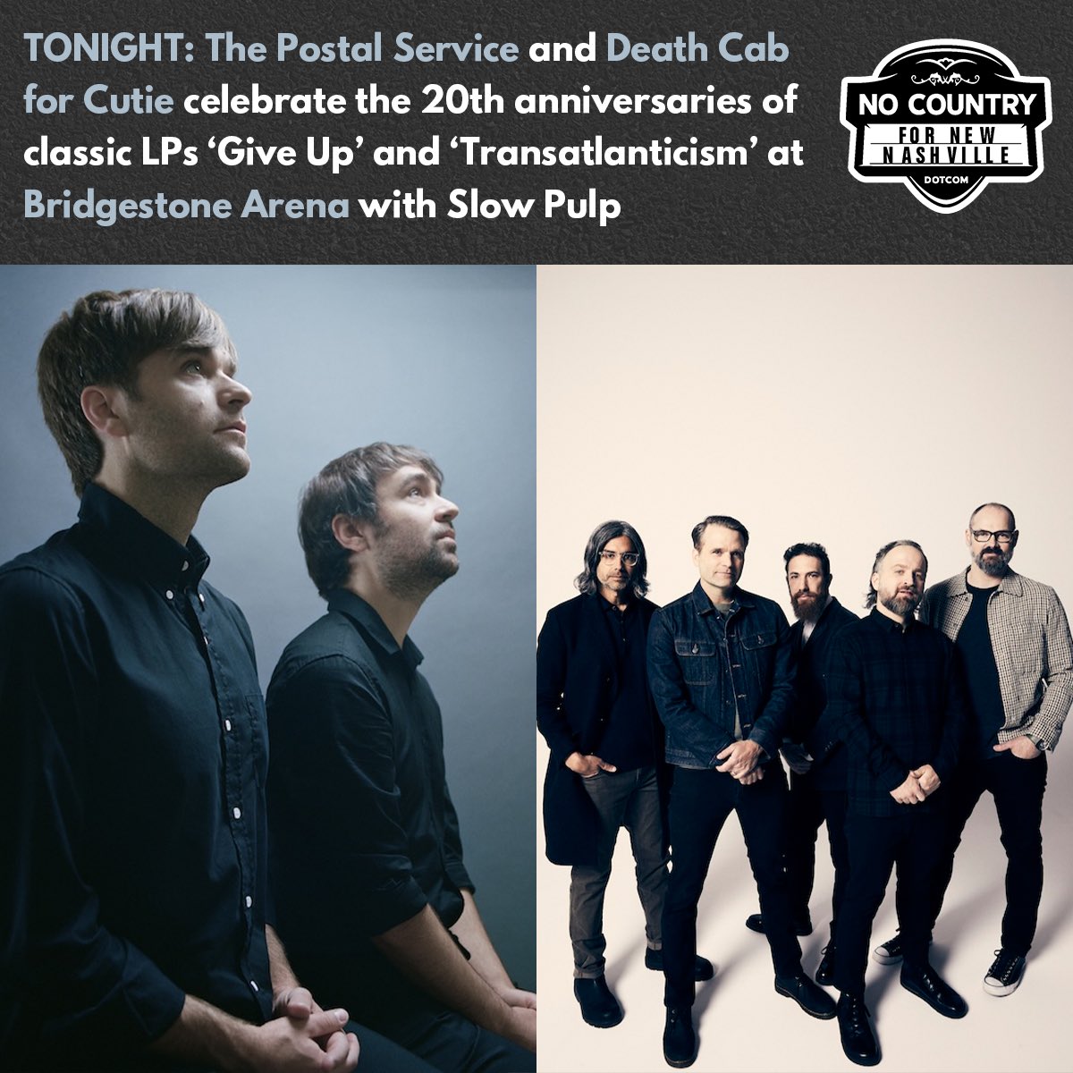 Iconic indie pop group @PostalService bring their reunion tour to @BrdgstoneArena TONIGHT, 4/29- their first Nashville show in 21 years- along @dcfc, both celebrating 20th anniversaries of landmark albums! @slowpulpband open & tickets remain! Learn more: nocountryfornewnashville.com/2024/04/29/the…