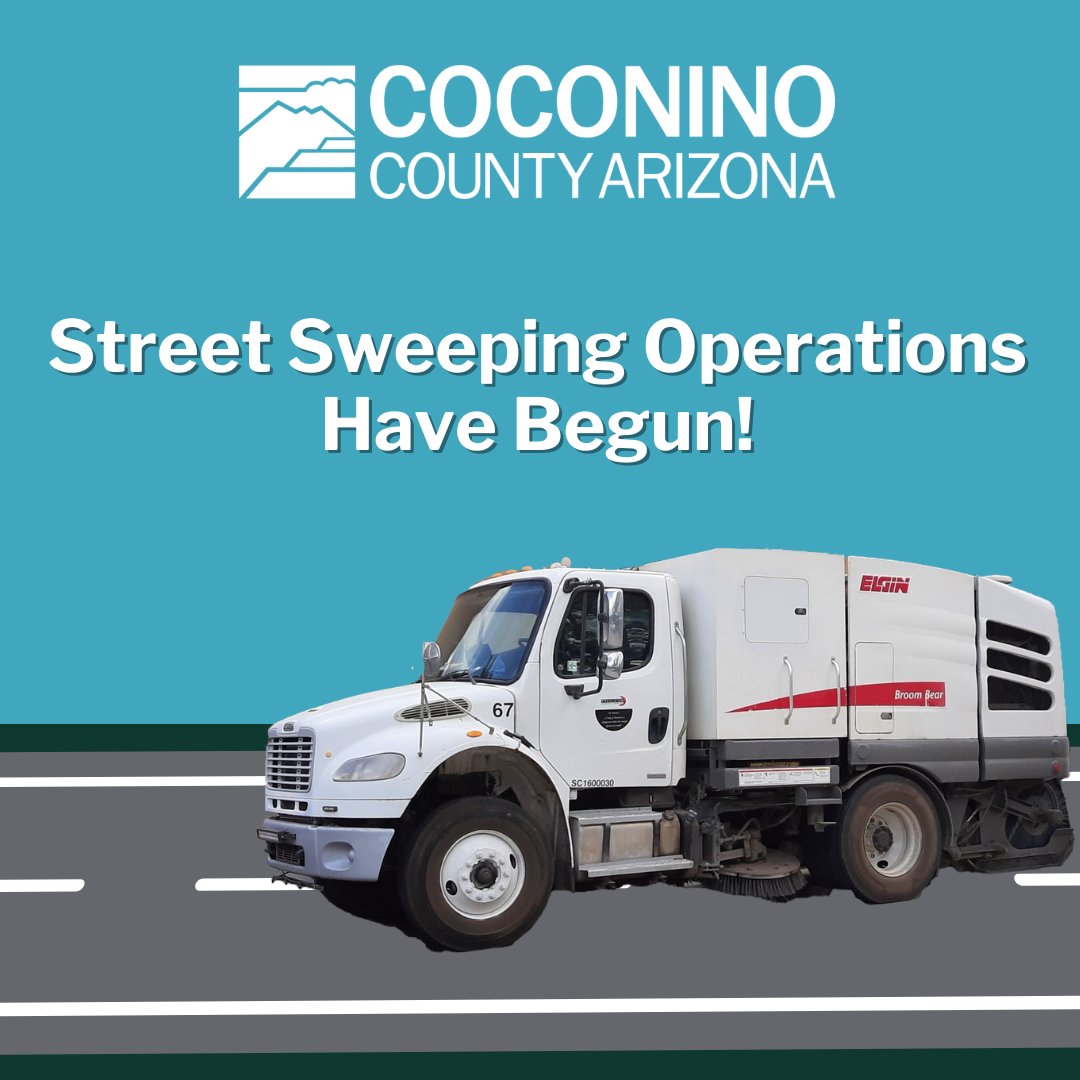 Beep Beep! @CoconinoCounty Public Works has commenced neighborhood street sweeping operations this month to pick up traction control cinders from Winter. Please give our crews room to work and be safe when driving or cycling around an active sweeper. Thank you!