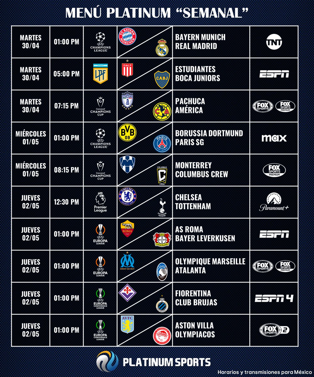 MENÚ PLATINUM 'SEMANAL' Inicia una nueva semana y por eso, les preparamos la siguiente selección de partidos de fútbol que incluye UEFA Champions League, UEFA Europa League, UEFA Conference League y Concacaf Champions Cup. #MenúPLATINUM