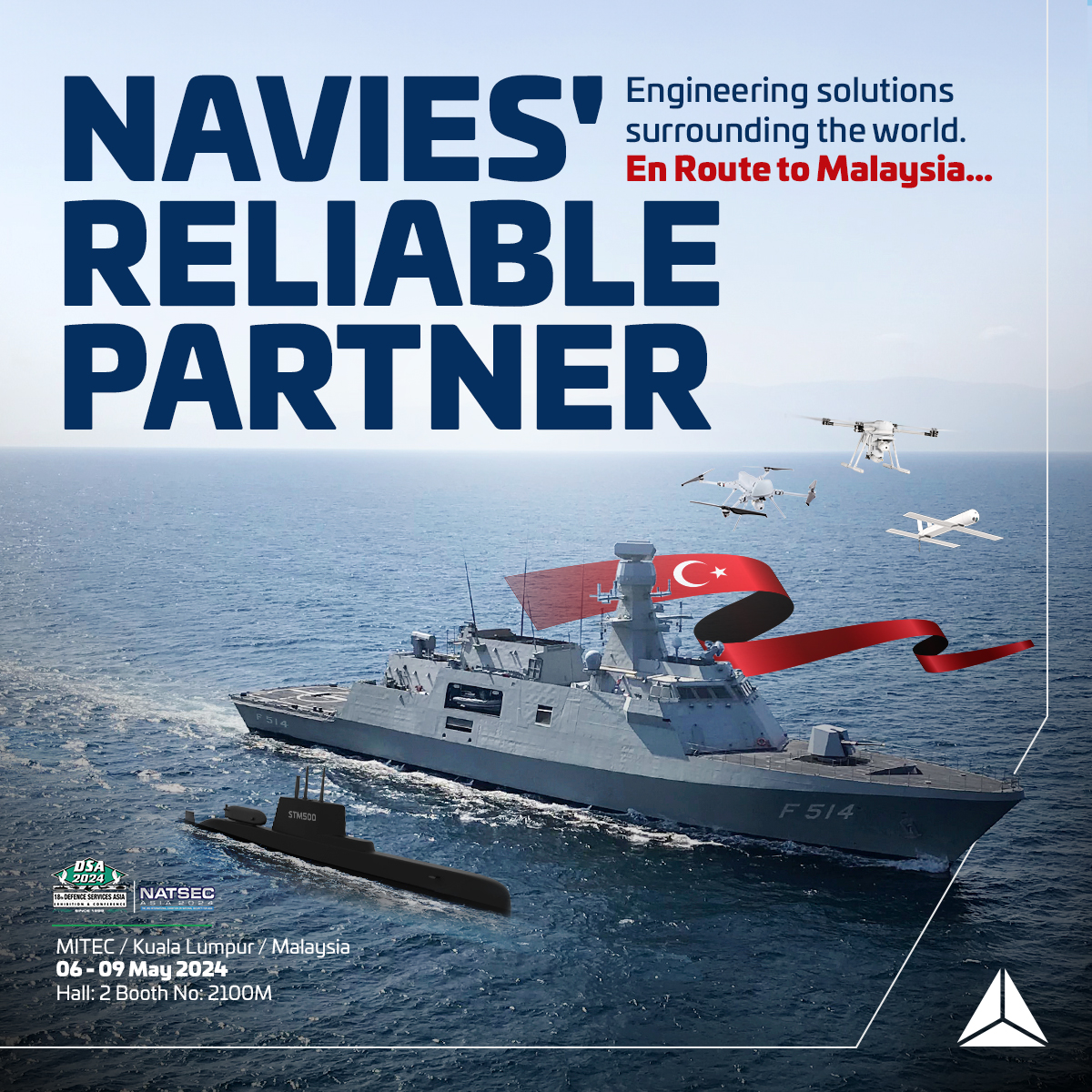 ✈️ The next route is to #Malaysia 🇲🇾 ⚓ Ada Class Corvette #MILGEM, I Class Frigate, Coast Guard Ships, STM500 Submarine, submarine modernization capabilities and more... We are at #DSA2024 with our naval projects and tactical mini UAV systems achieved with our high engineering