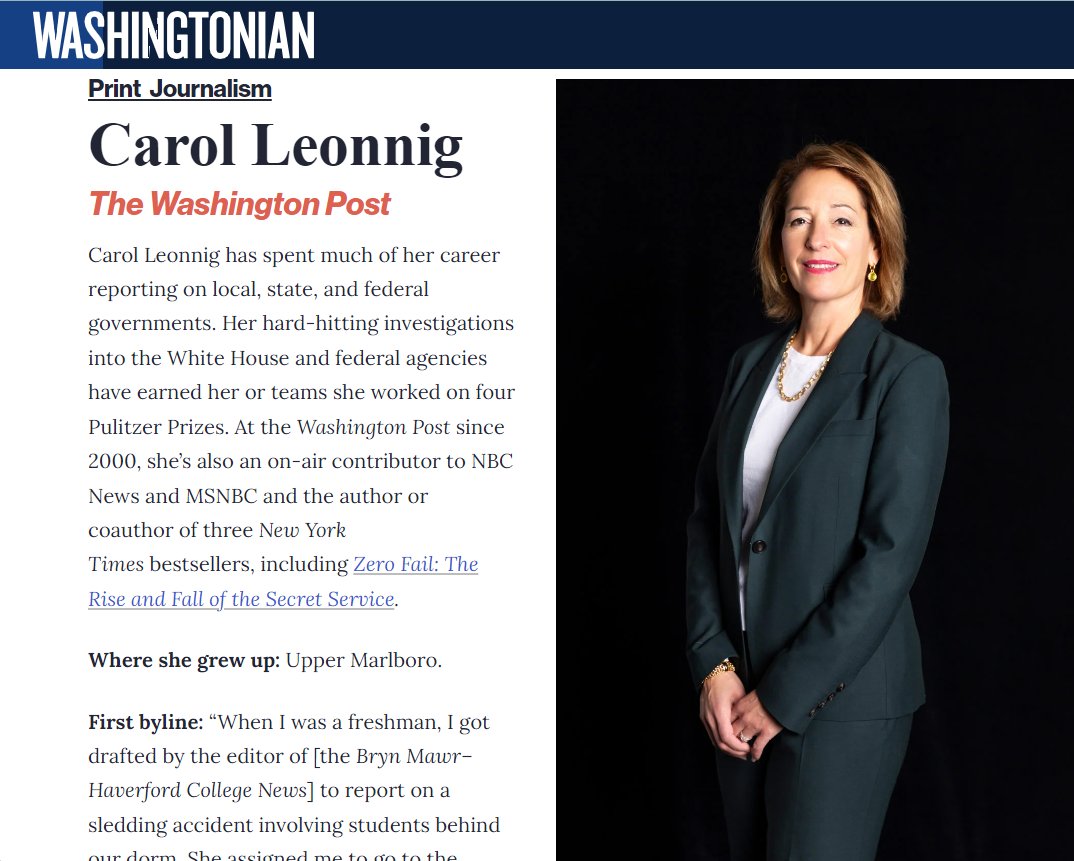 👀@Washingtonian introduces you to the 2024 Washington Women in Journalism Award Winners, including our own @CarolLeonnig. Learn about her first byline (@biconews), her first big story (@theobserver), the best journalism advice she's received and more. washingtonian.com/2024/04/29/mee…