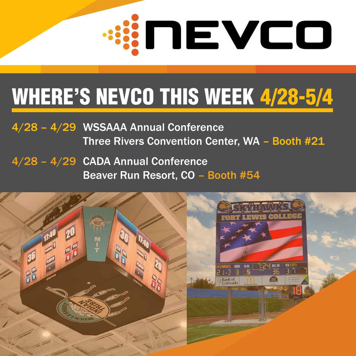 If you're at the @WSSAAA2 or @CADAColorado Annual Conferences today - stop by our booths and chat about your upcoming projects! #Nevco #KnowtheScoreDelivertheExperience